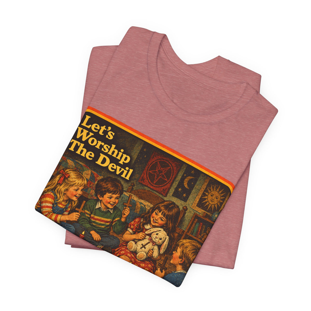 Let's Worship The Devil Unisex Tee in Heather Mauve, view 3