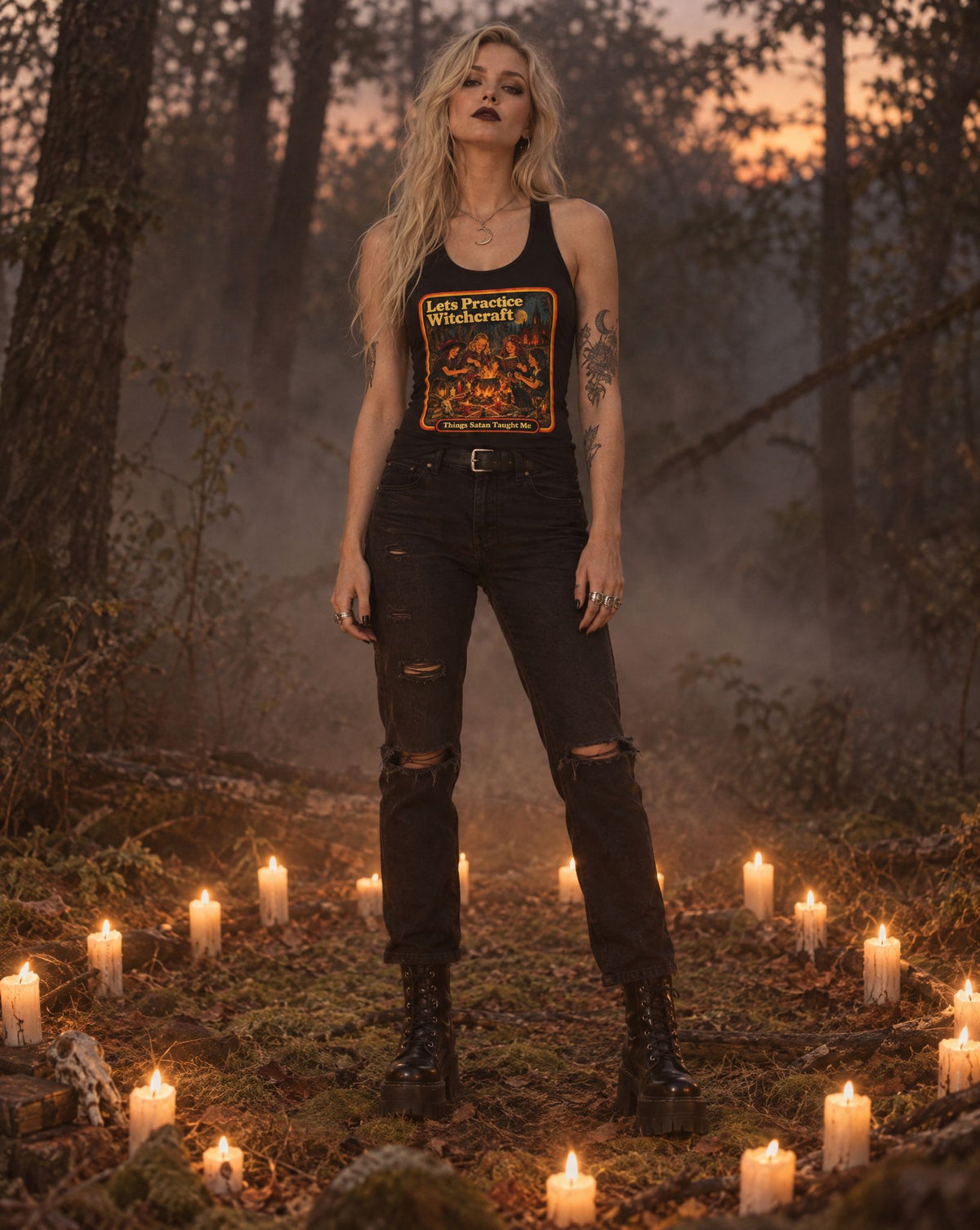 Let's Practice Witchcraft Racerback Tank worn by a model | Things Satan Taught Me