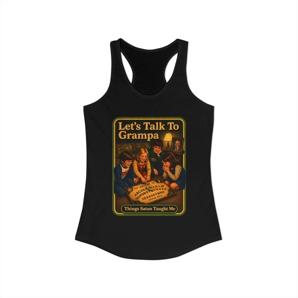 Let's Talk To Grampa Racerback Tank in Black, view 2