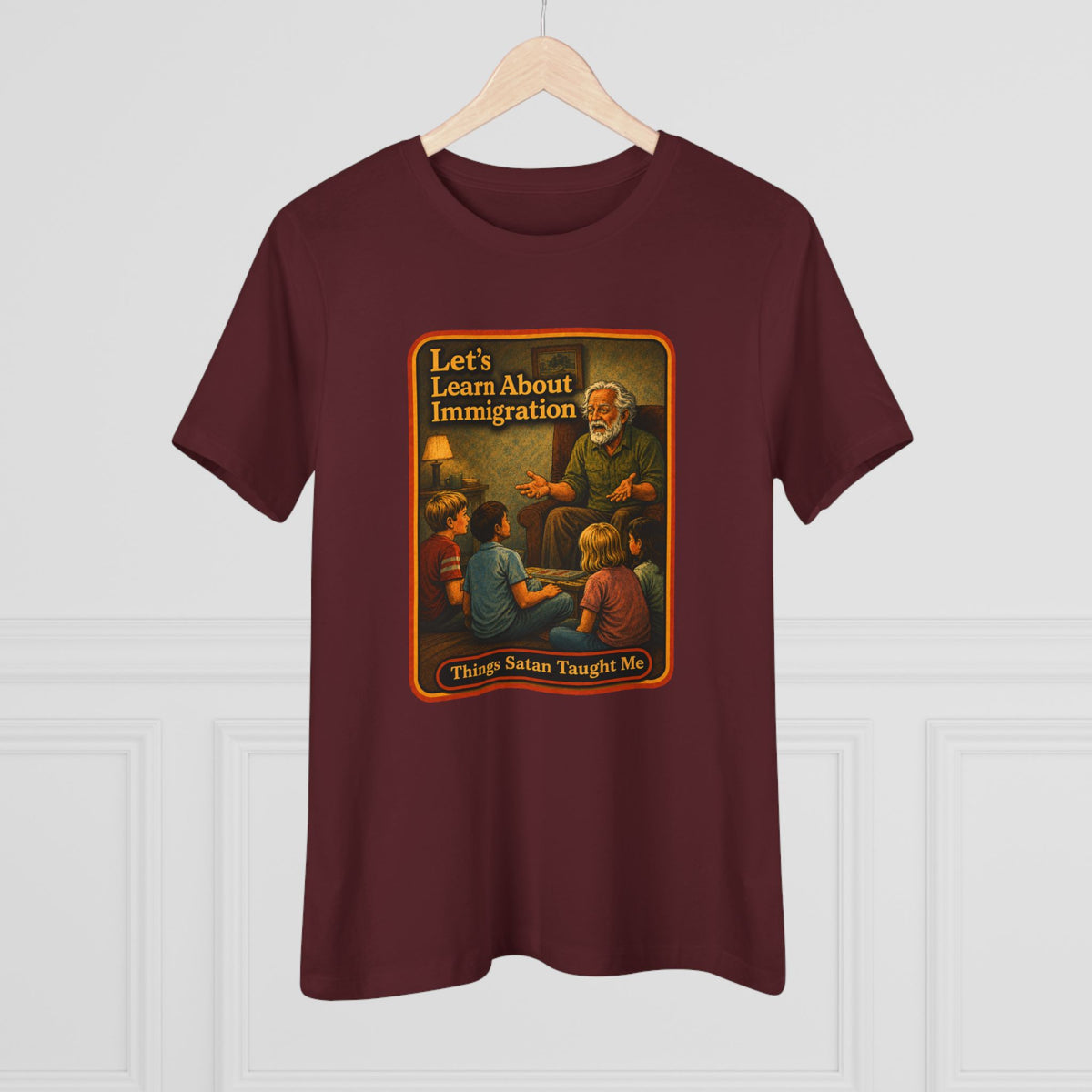 Let's Learn About Immigration Women's Tee in Maroon, view 4