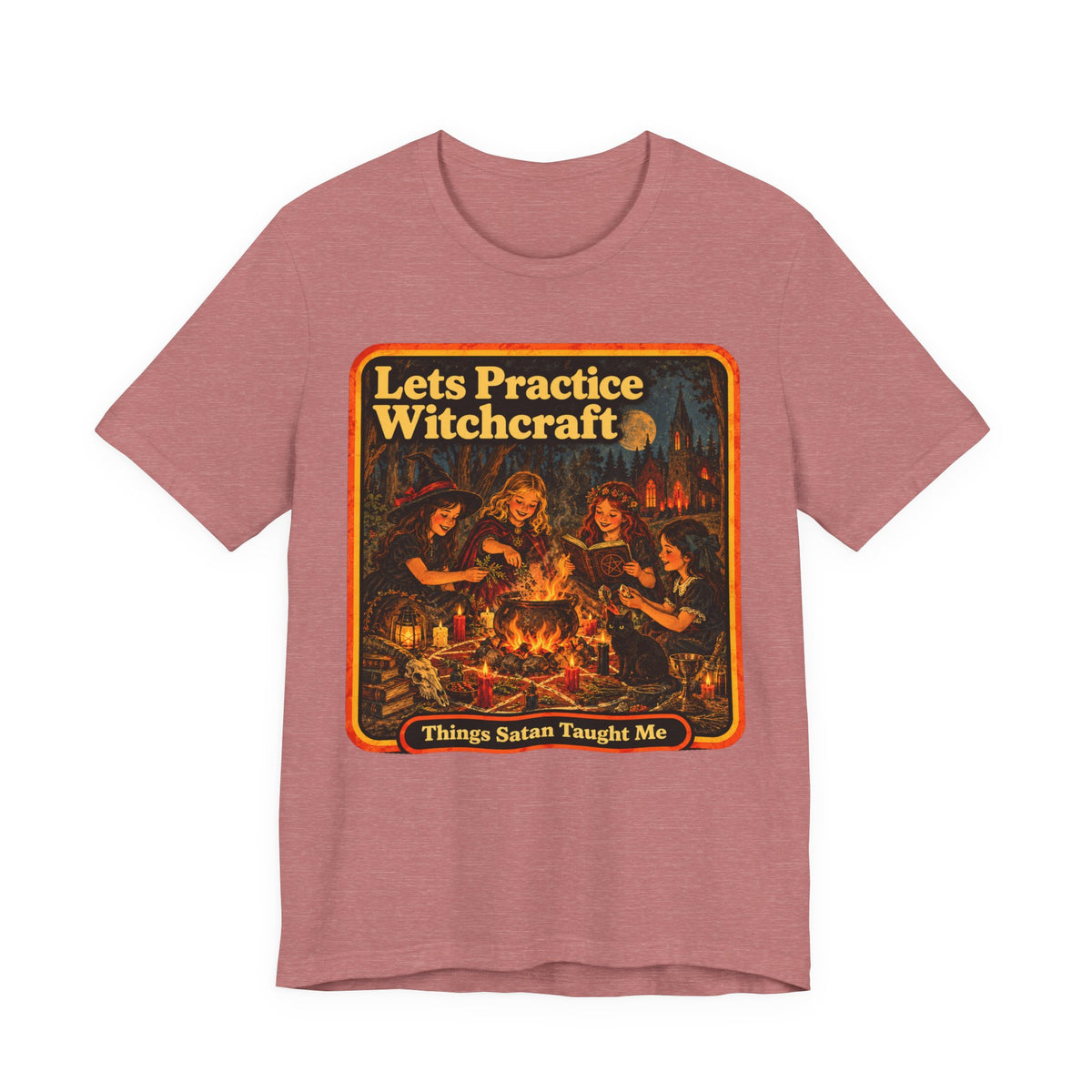 Let's Practice Witchcraft Unisex Tee in Heather Mauve, front