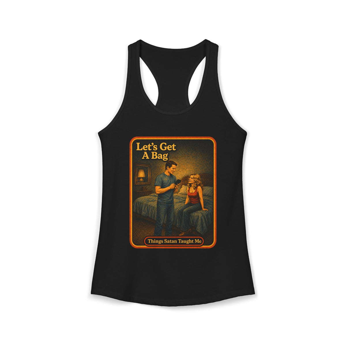 Let's Get A Bag Racerback Tank in Black, front