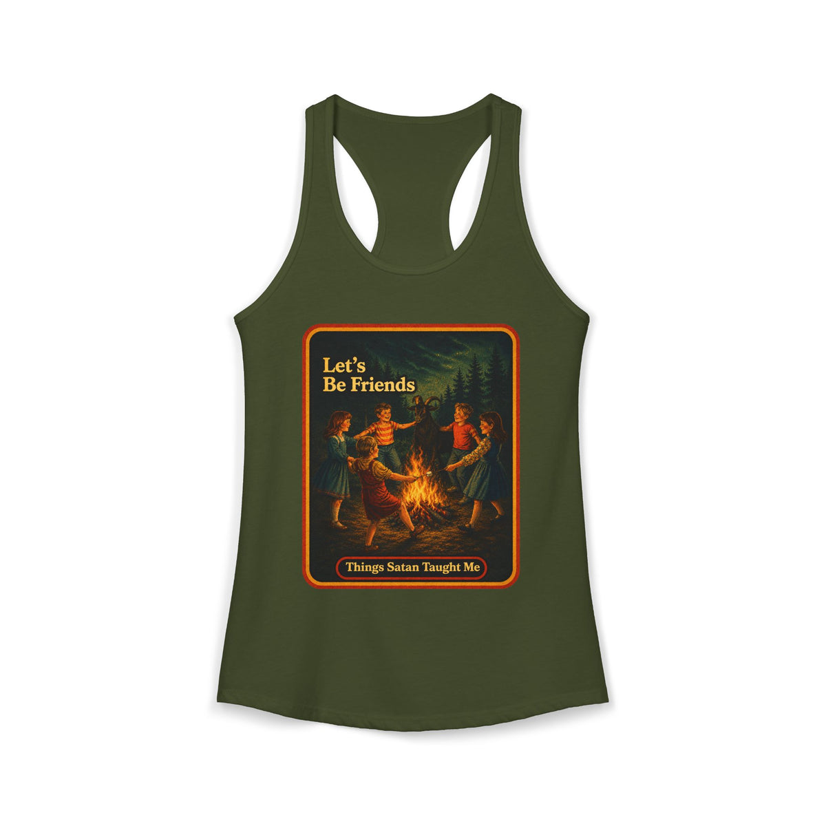 Let's Be Friends Racerback Tank in Military Green, front