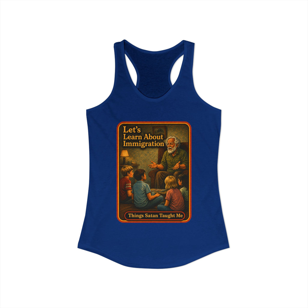 Let's Learn About Immigration Racerback Tank in Royal, view 2
