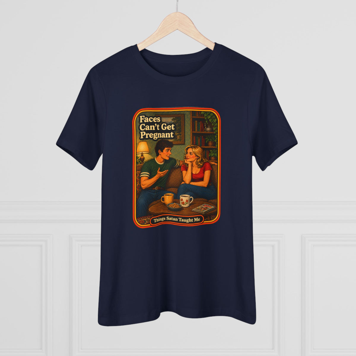 Faces Can't Get Pregnant Women's Tee in Navy, view 4