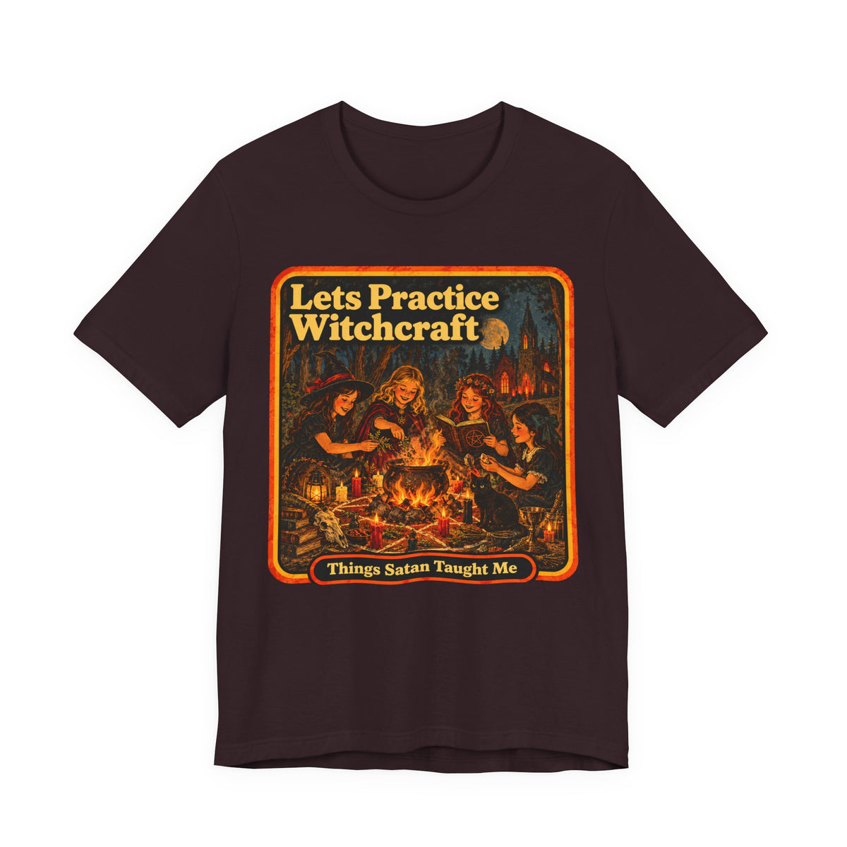 Let's Practice Witchcraft Unisex Tee in Oxblood Black, front