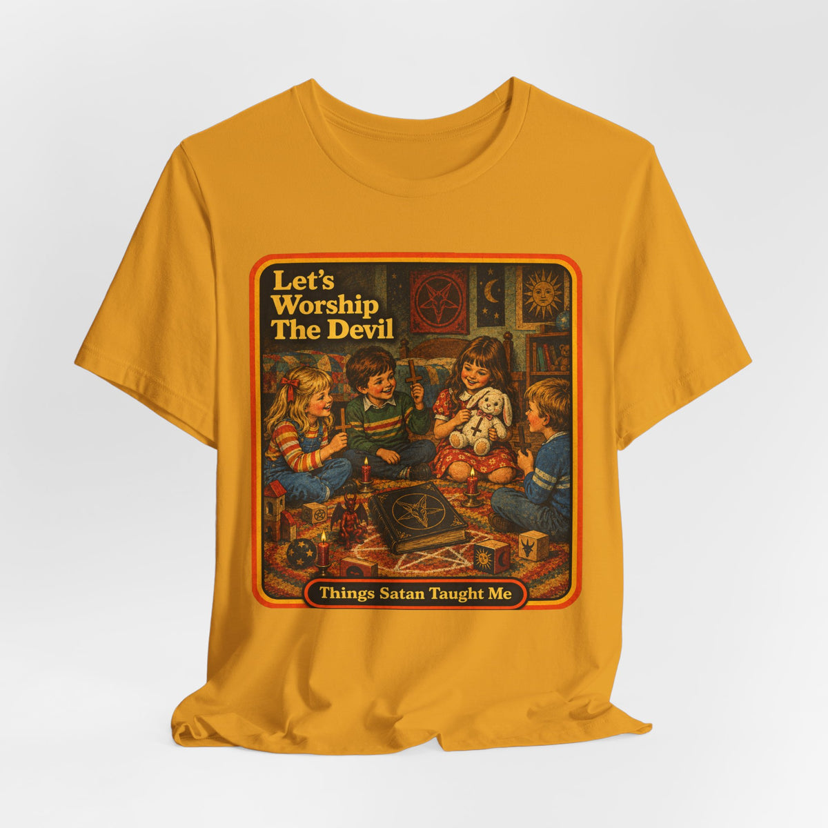 Let's Worship The Devil Unisex Tee in Mustard, view 4