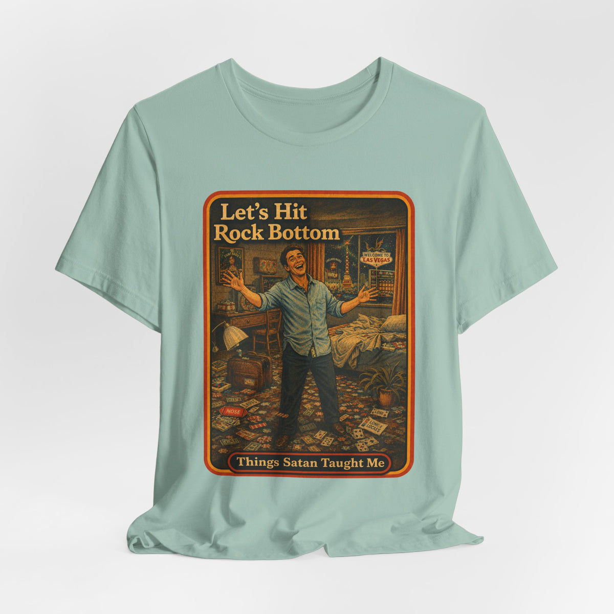 Let's Hit Rock Bottom Unisex Tee in Dusty Blue, view 4