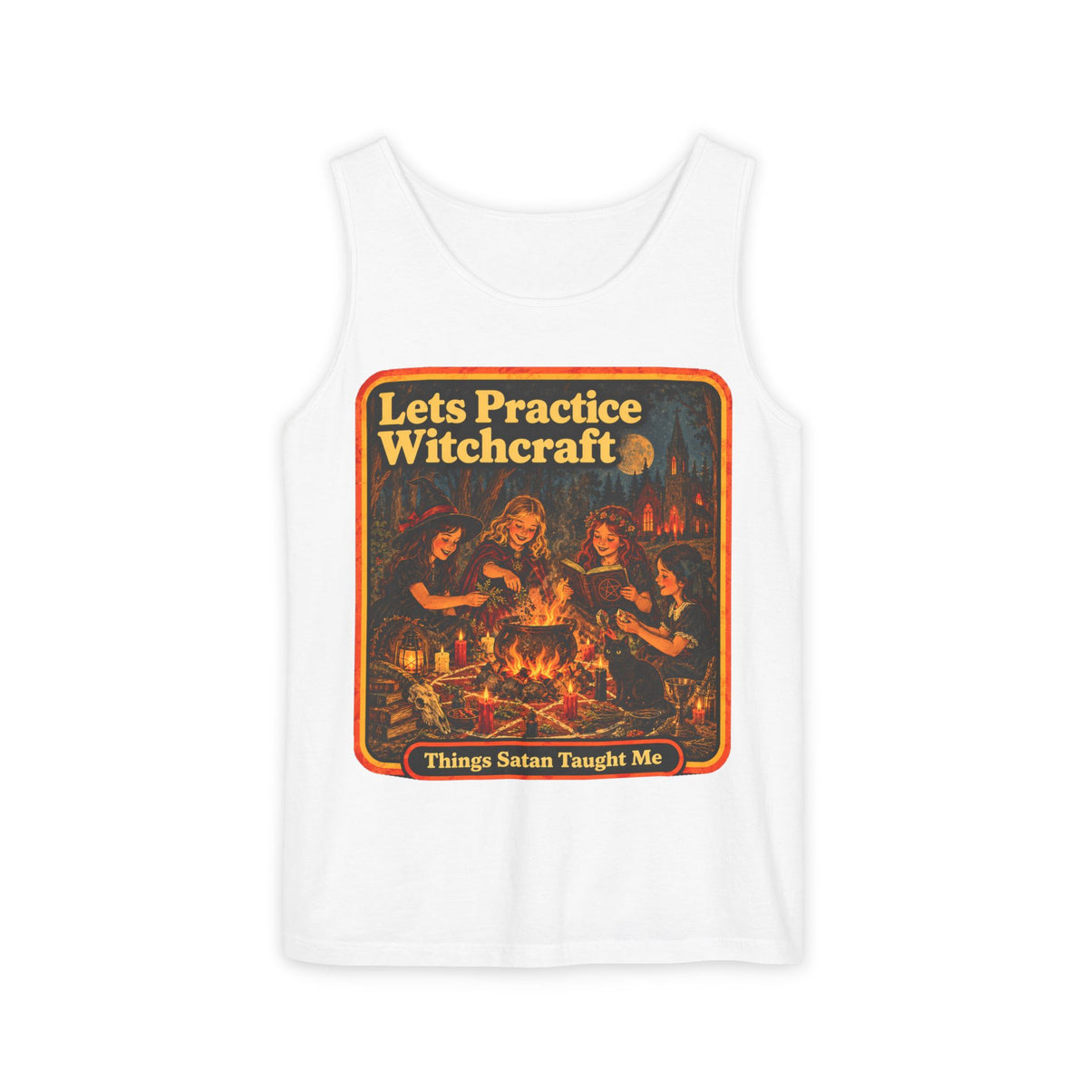 Let's Practice Witchcraft Men's Wife Beater | Things Satan Taught Me in White, front