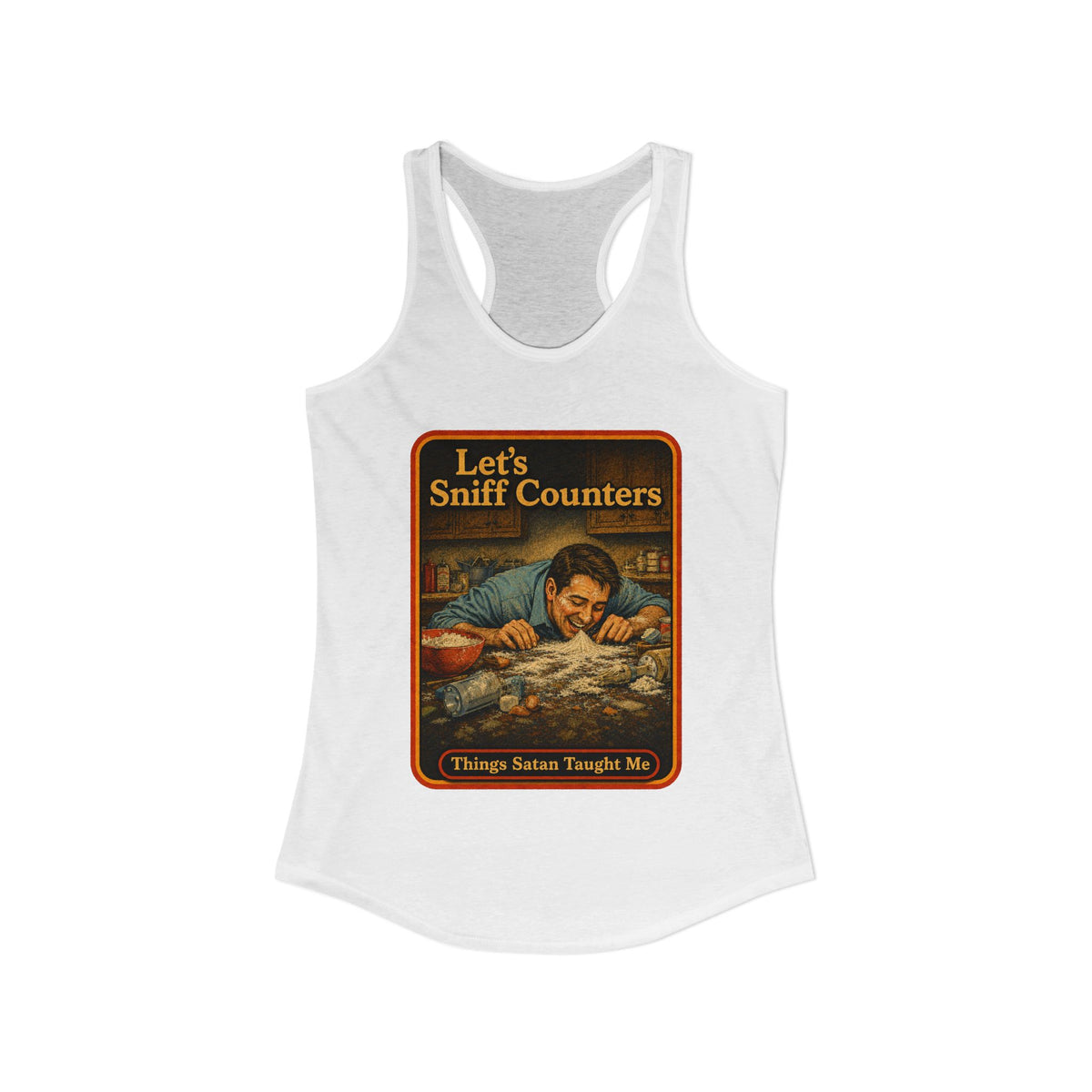 Let's Sniff Counters Racerback Tank in White, view 2