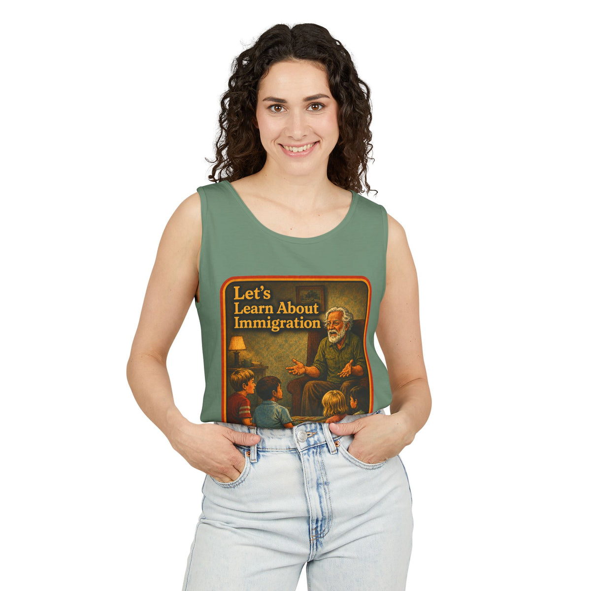 Let's Learn About Immigration Wife Beater in Light Green, view 3
