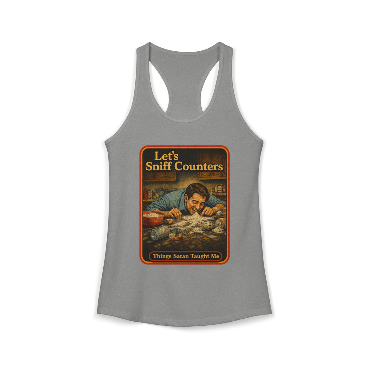 Let's Sniff Counters Racerback Tank in Heather Grey, front