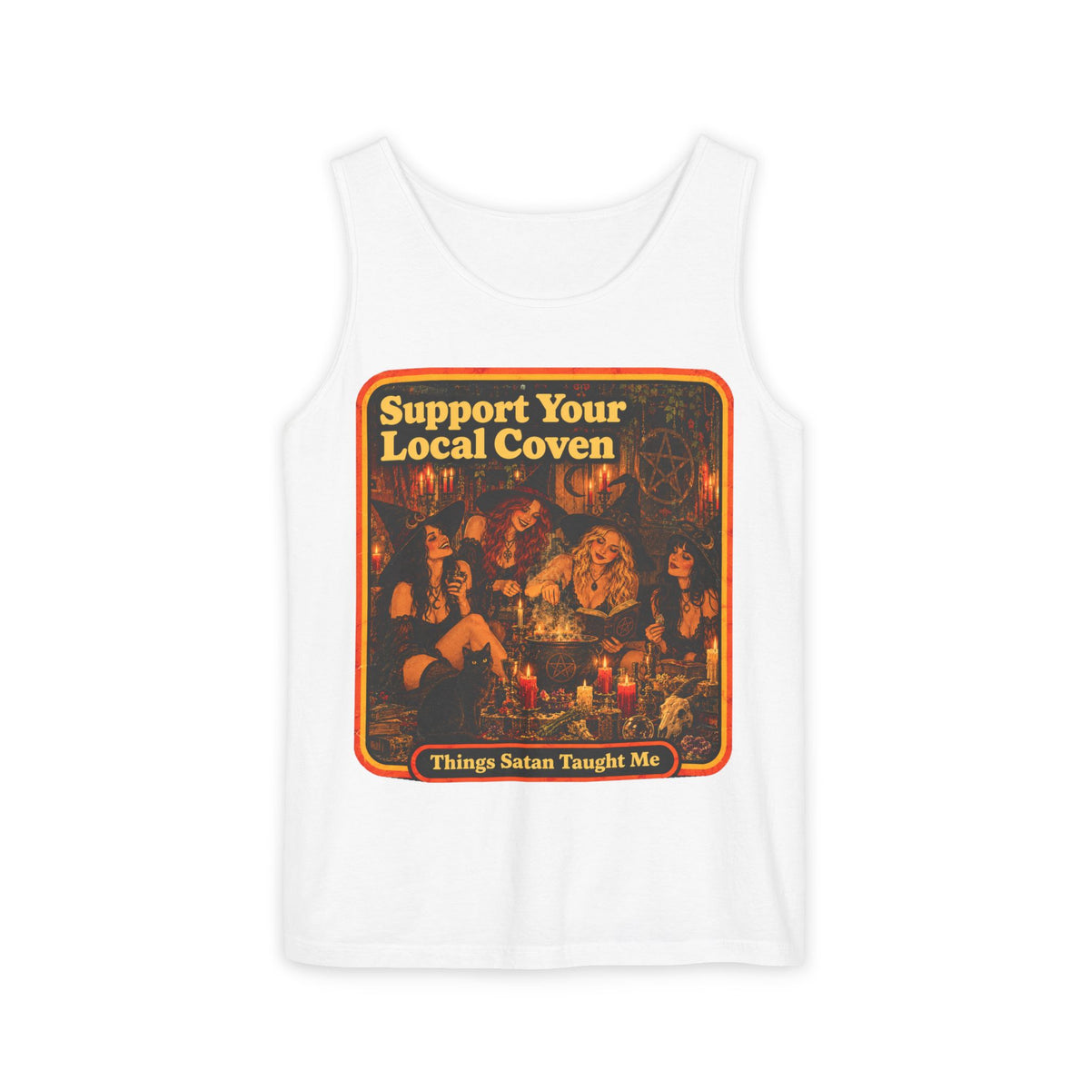 Support Your Local Coven Men's Wife Beater | Things Satan Taught Me in White, front