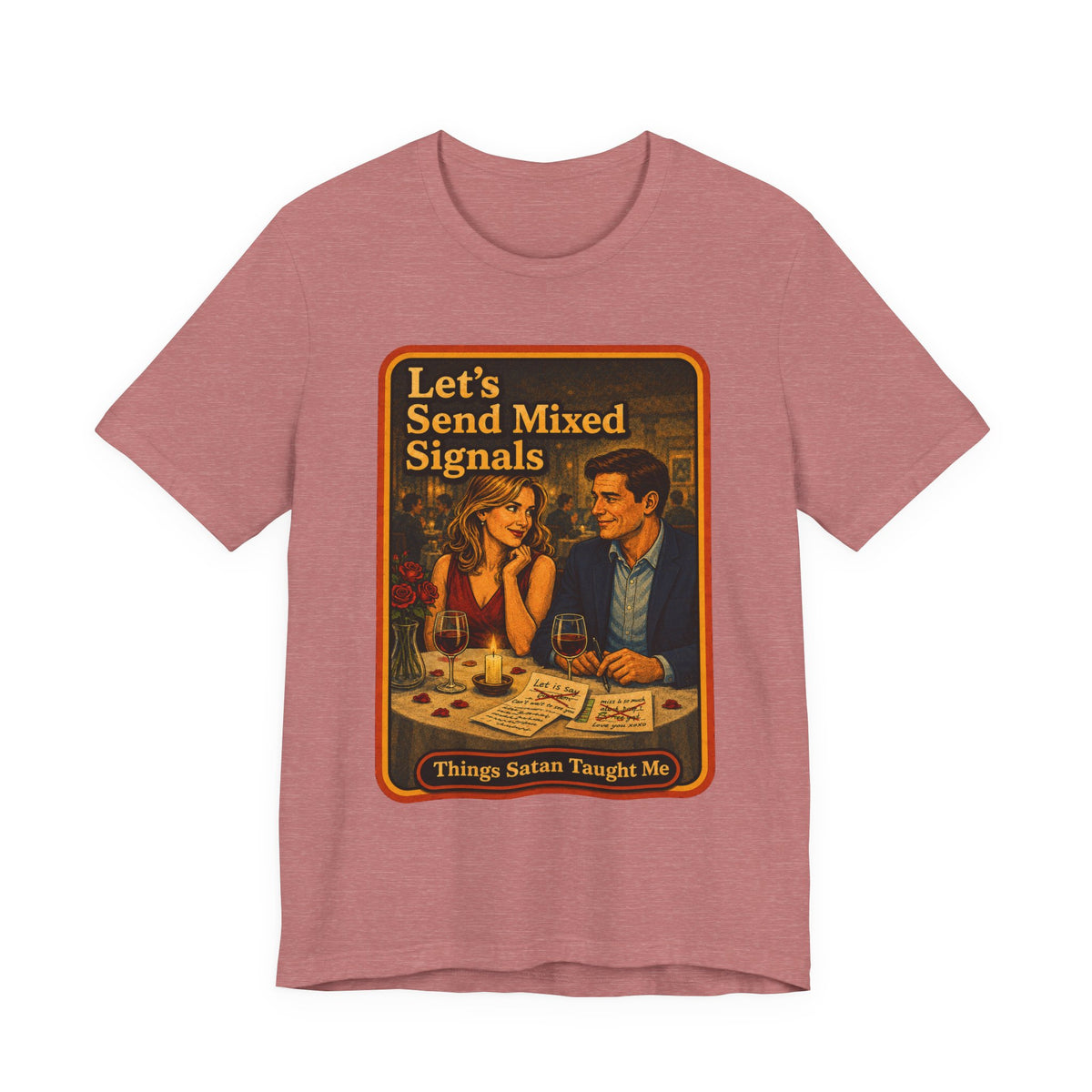 Let's Send Mixed Signals Unisex Tee in Heather Mauve, front