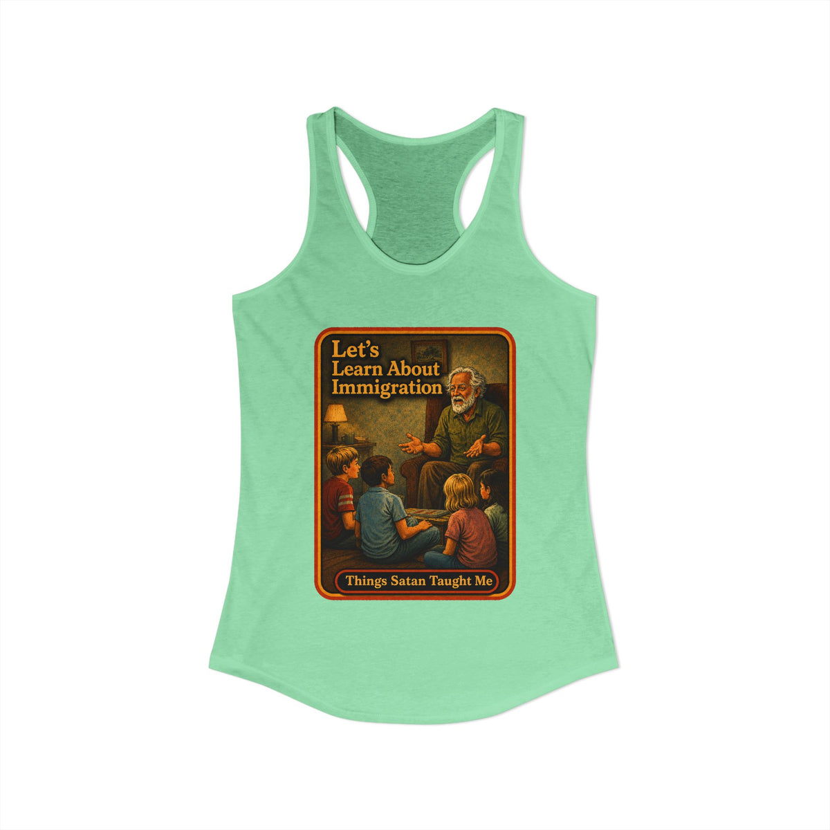 Let's Learn About Immigration Racerback Tank in Mint, view 2