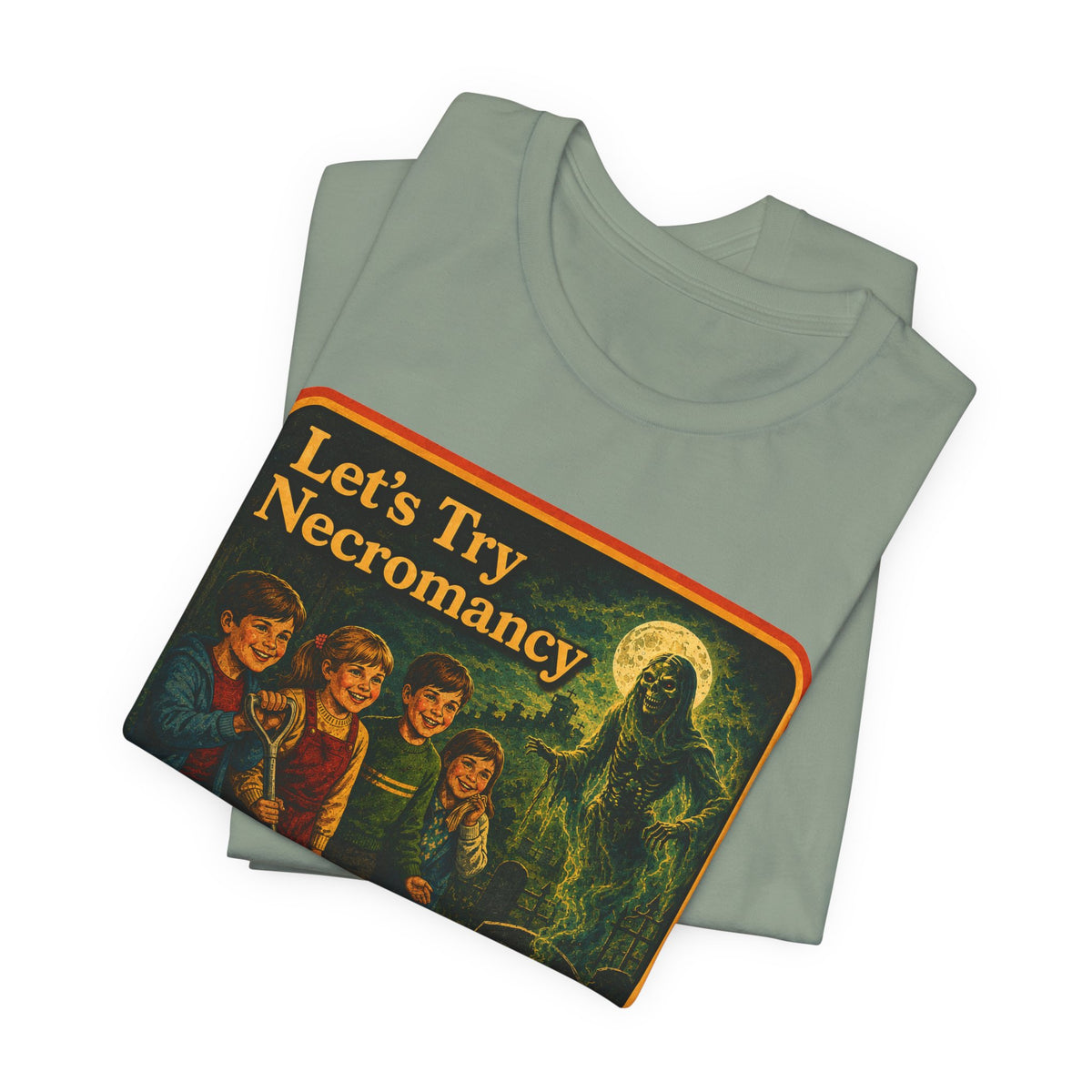 Let's Try Necromancy Unisex Tee in Sage, view 3