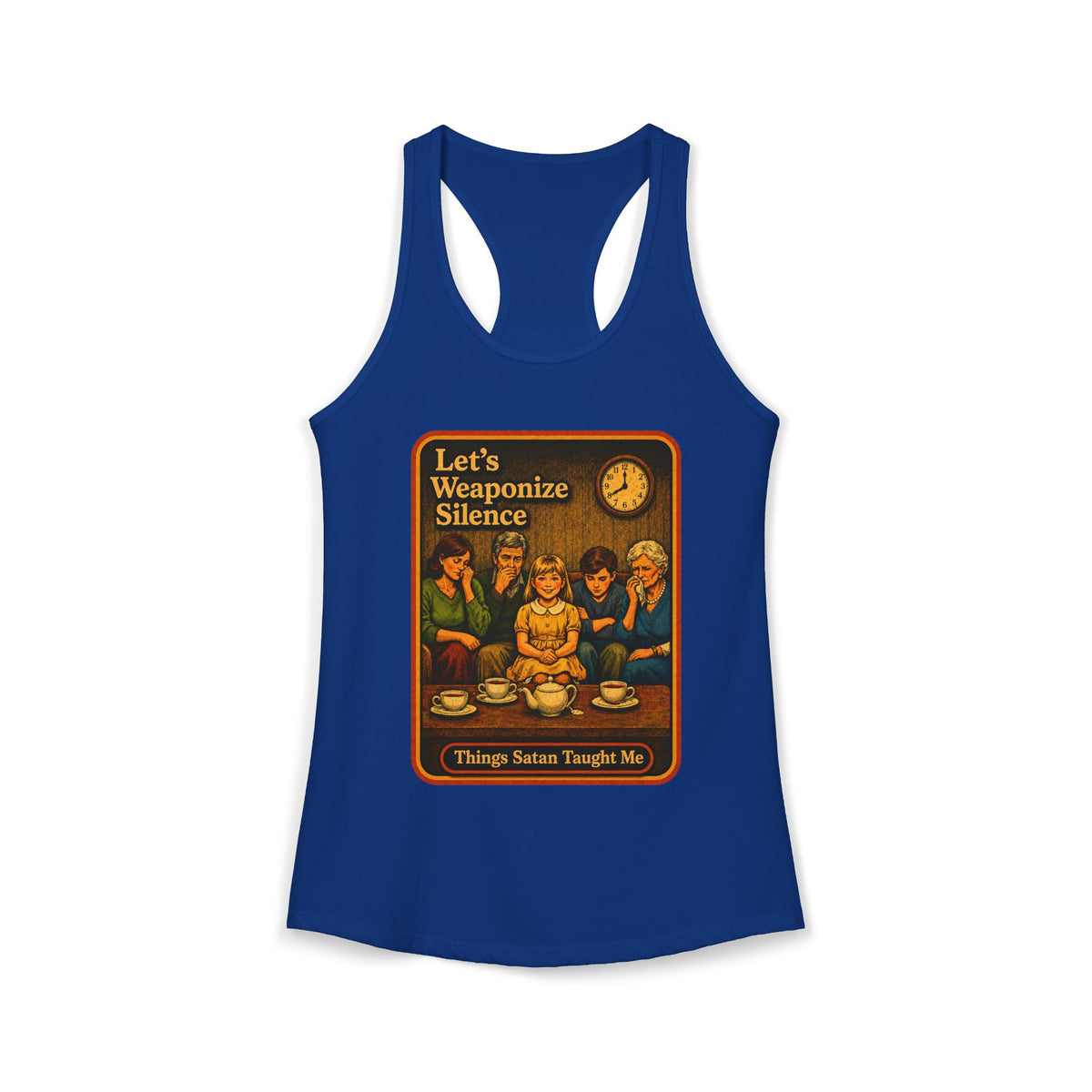 Let's Weaponize Silence Racerback Tank in Royal, front
