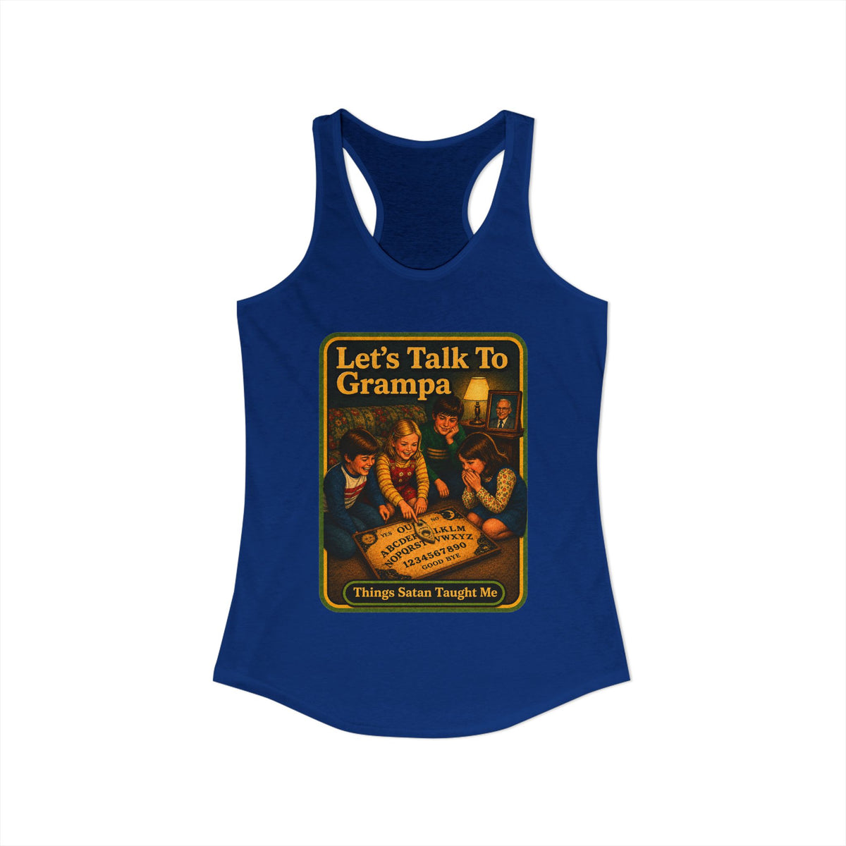 Let's Talk To Grampa Racerback Tank in Royal, view 2