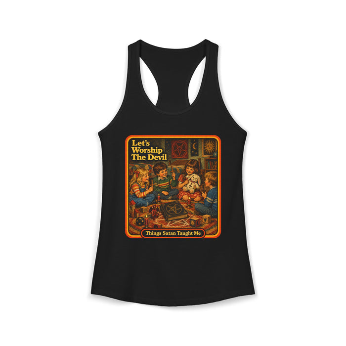 Let's Worship The Devil Racerback Tank in black