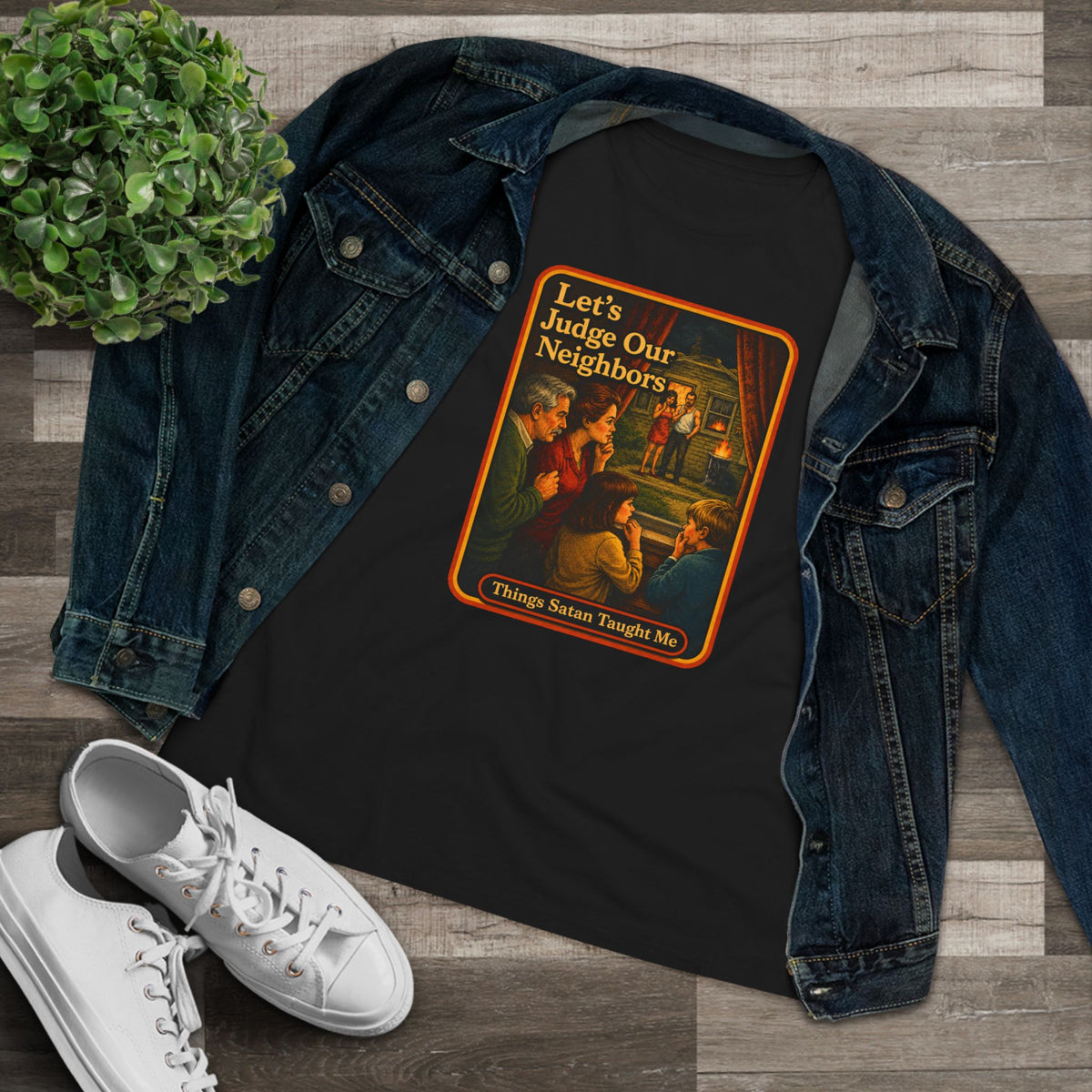 Let's Judge Our Neighbors Women's Tee in Black, view 3