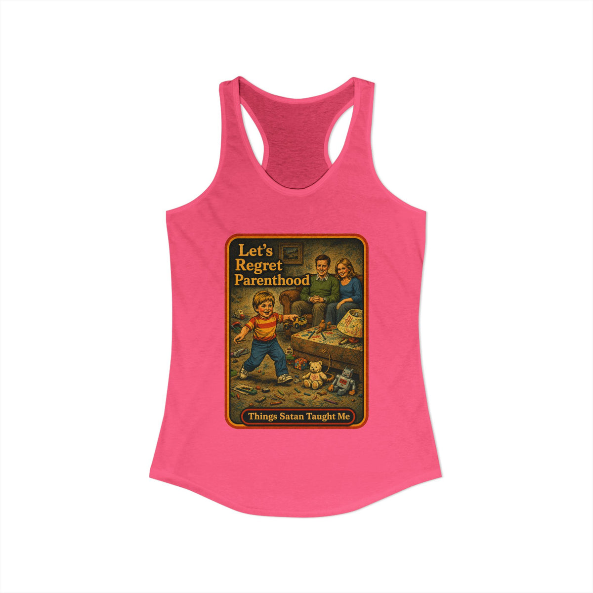 Let's Regret Parenthood Racerback Tank in Hot Pink, view 2