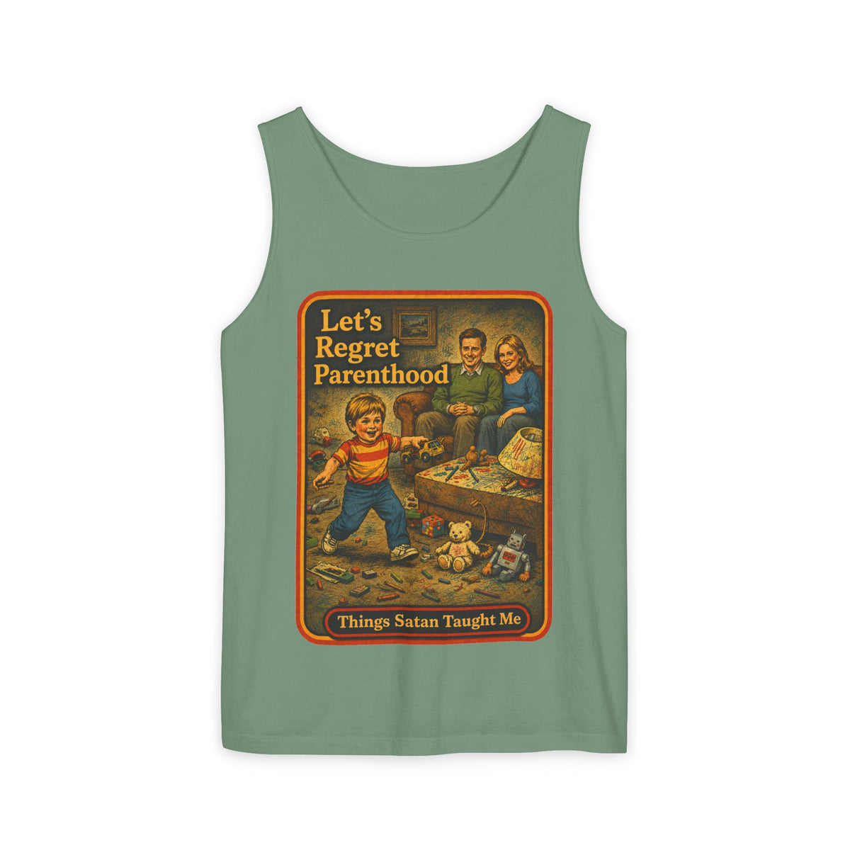 Let's Regret Parenthood Wife Beater in Light Green, front