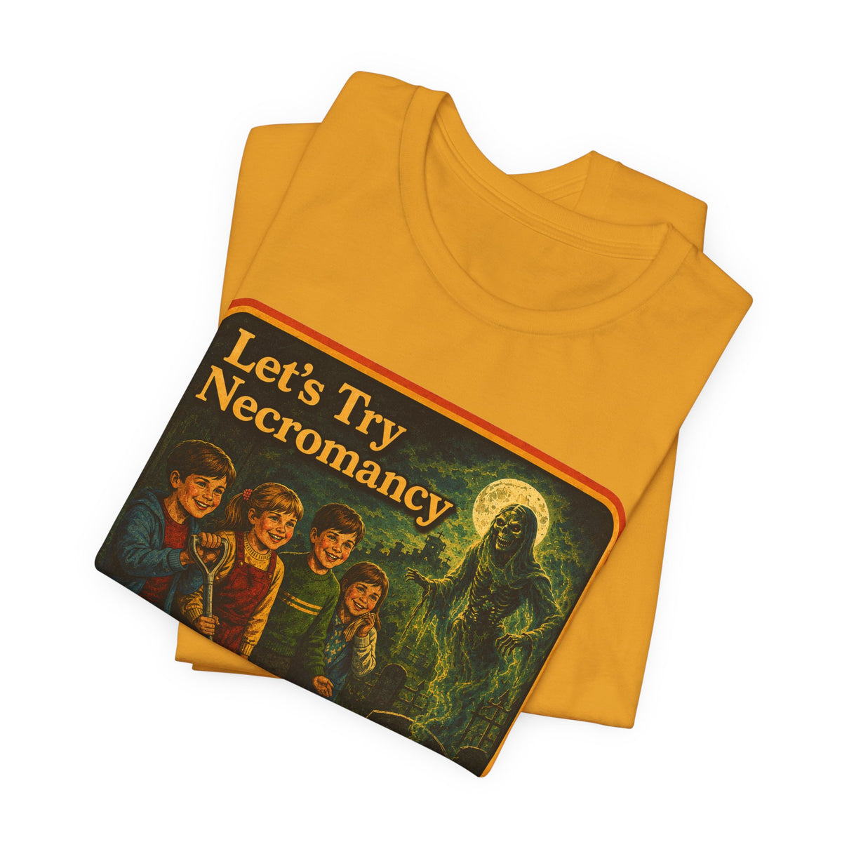 Let's Try Necromancy Unisex Tee in Mustard, view 3