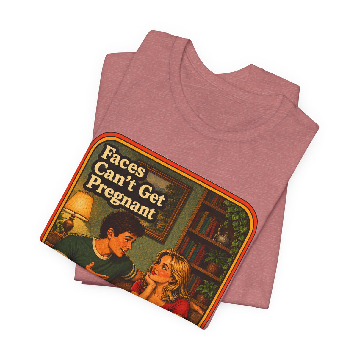 Faces Can't Get Pregnant Unisex Tee in Heather Mauve, view 3