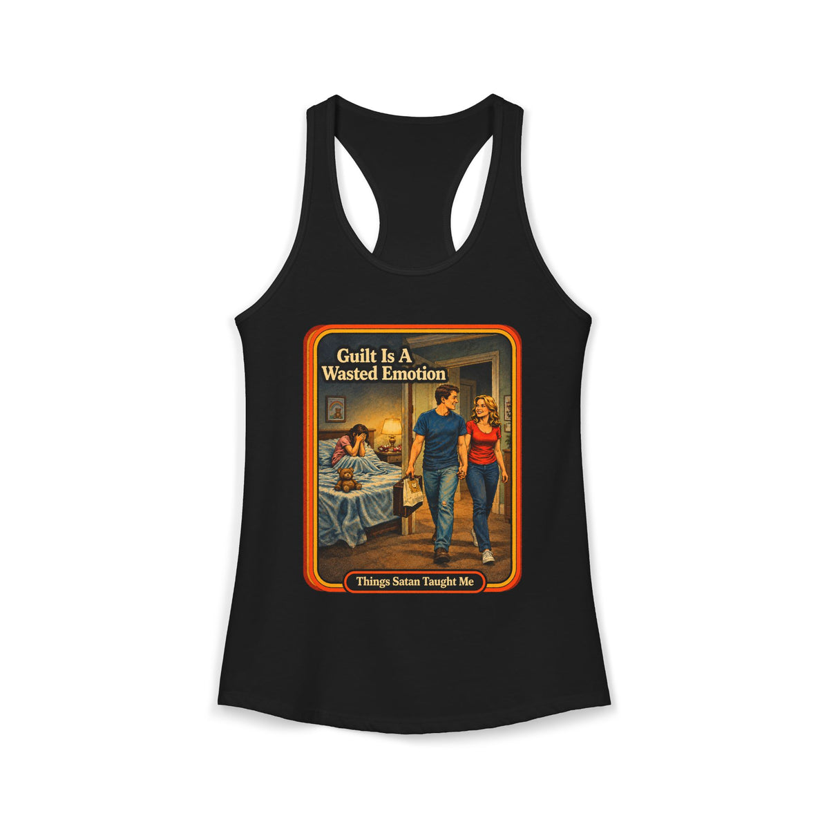 Guilt Is A Wasted Emotion Racerback Tank in Black, front