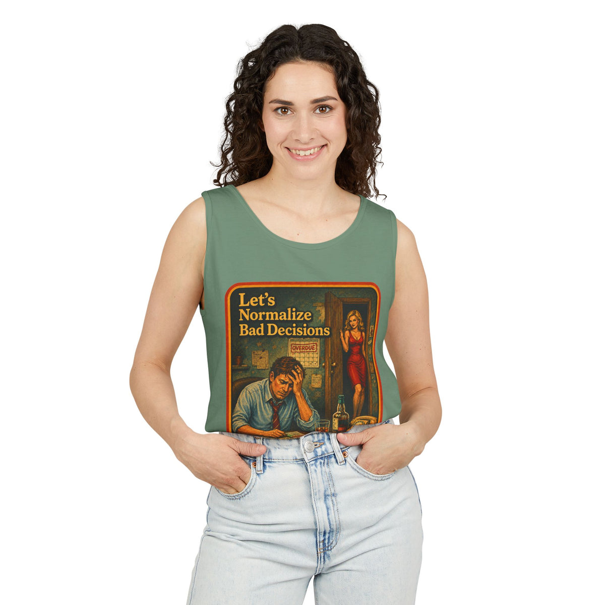 Let's Normalize Bad Decisions Wife Beater in Light Green, view 3