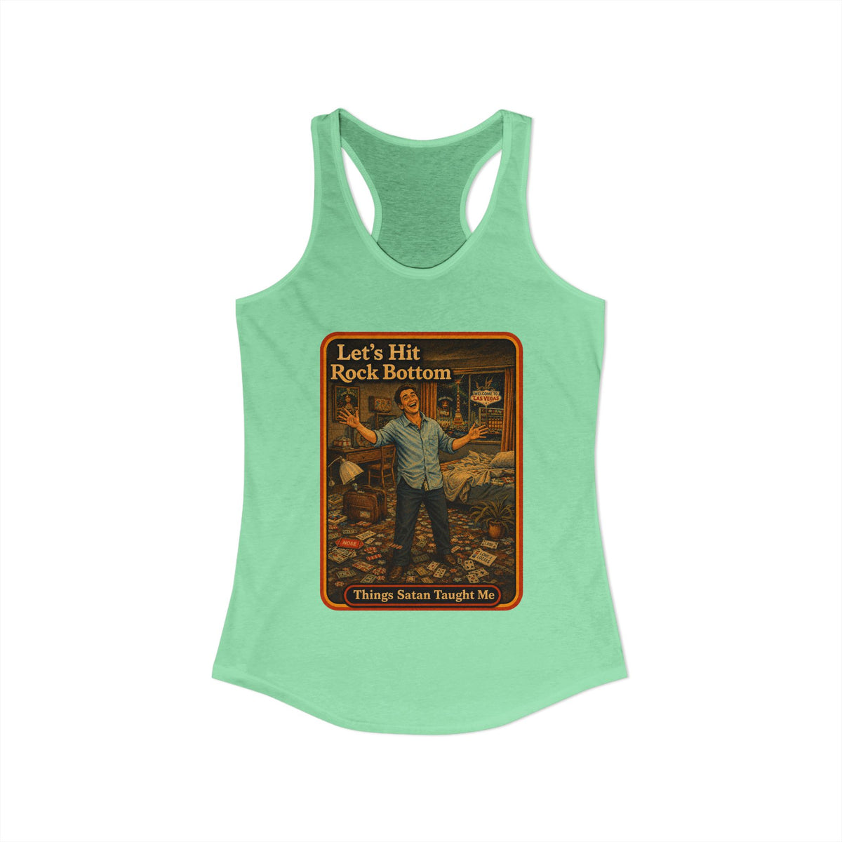 Let's Hit Rock Bottom Racerback Tank in Mint, view 2