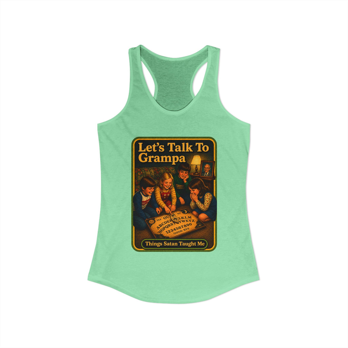 Let's Talk To Grampa Racerback Tank in Mint, view 2