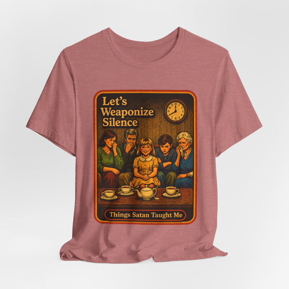 Let's Weaponize Silence Unisex Tee in Heather Mauve, view 4