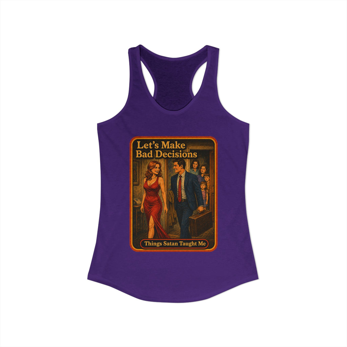 Let's Make Bad Decisions Racerback Tank in Purple Rush, view 2