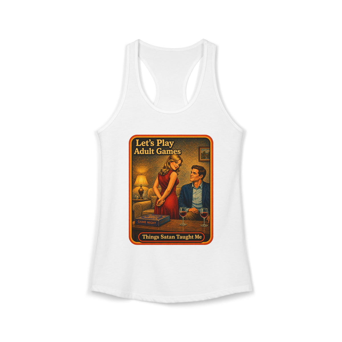 Let's Play Adult Games Racerback Tank in White, front
