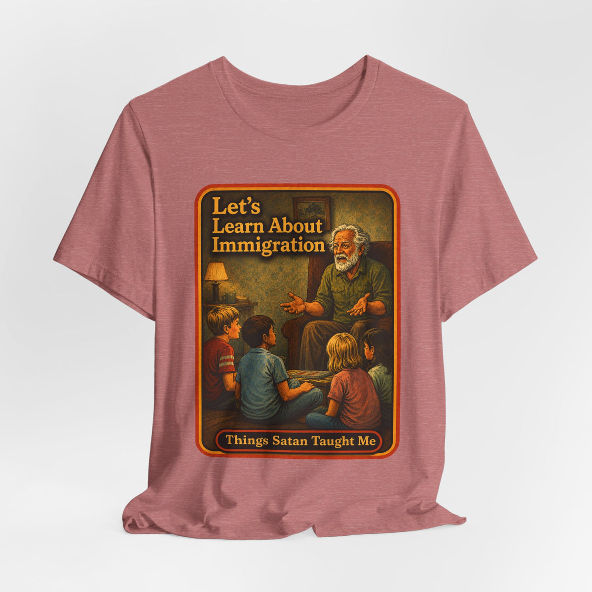 Let's Learn About Immigration Unisex Tee in Heather Mauve, view 4