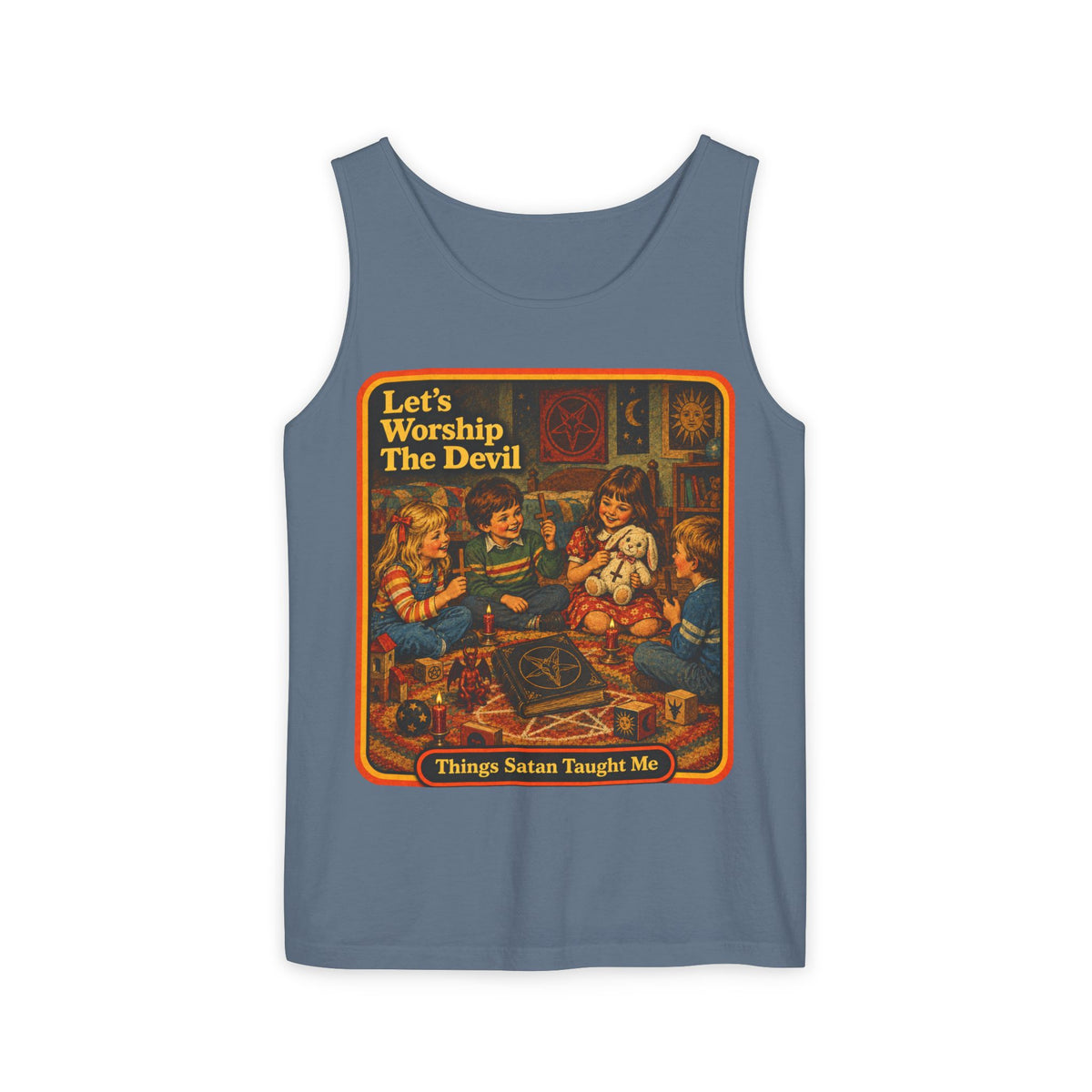 Let's Worship The Devil Men's Wife Beater | Things Satan Taught Me in Blue Jean, front