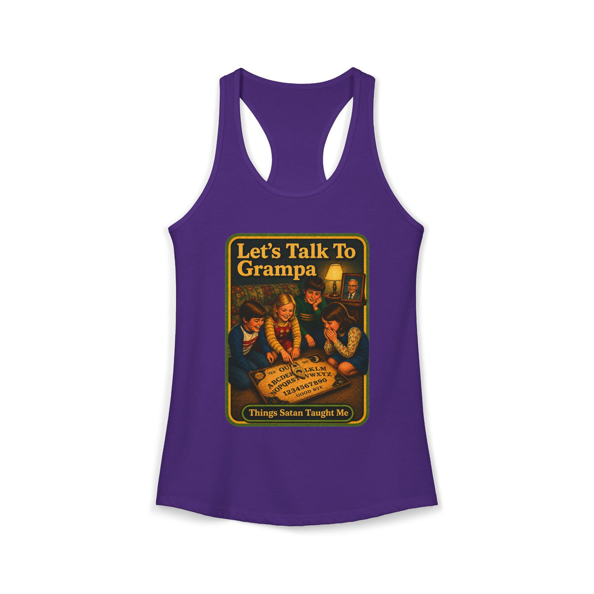 Let's Talk To Grampa Racerback Tank in Purple Rush, front