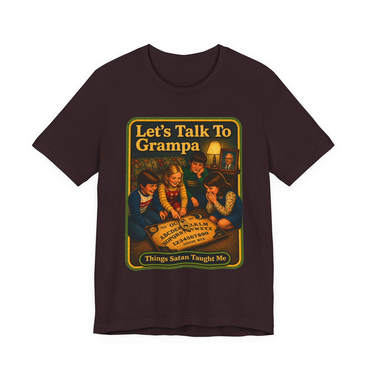 Let's Talk To Grampa Unisex Tee in Oxblood Black, front