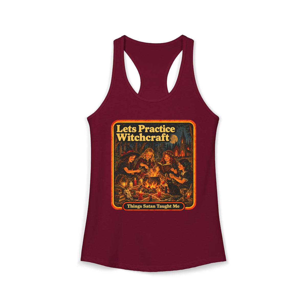 Let's Practice Witchcraft Racerback Tank in Cardinal Red, front