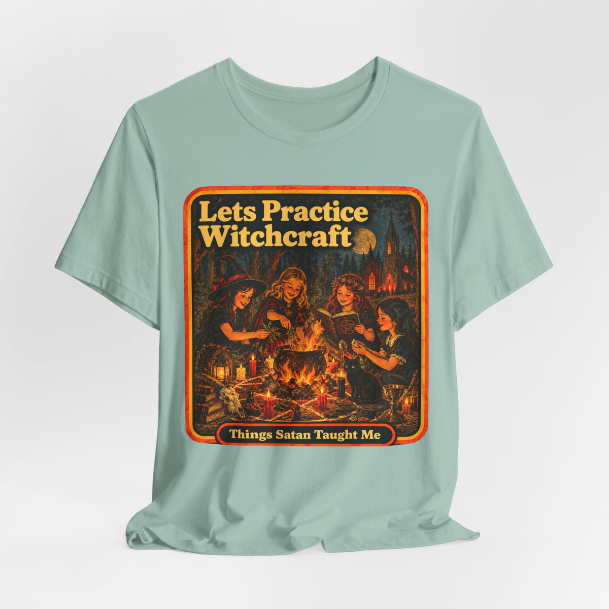 Let's Practice Witchcraft Unisex Tee in Dusty Blue, view 4