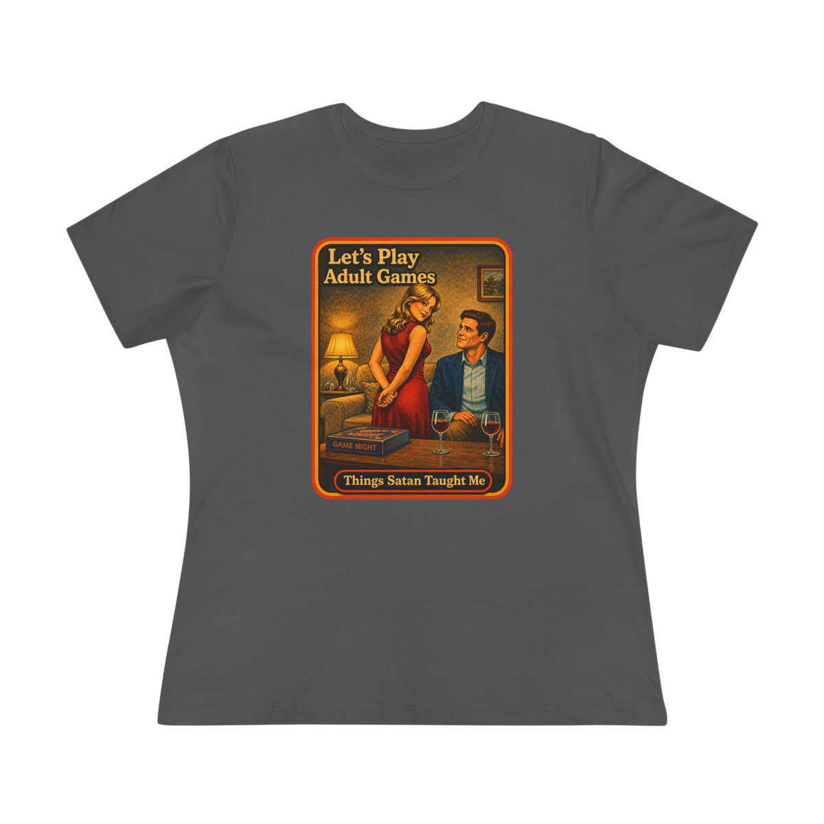 Let's Play Adult Games Women's Tee in Asphalt, front