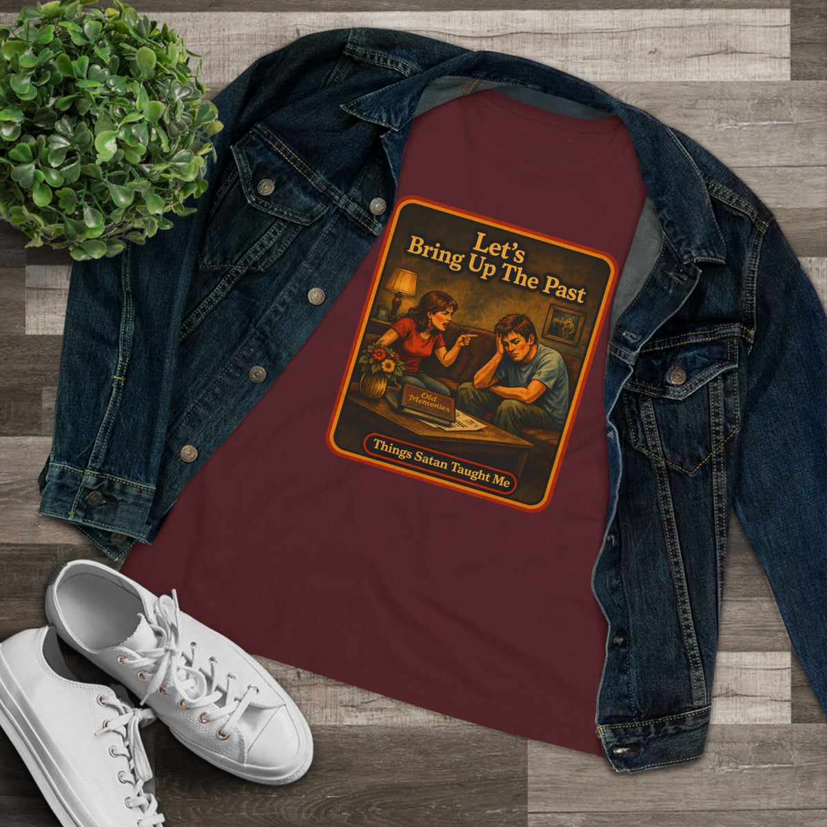 Let's Bring Up The Past Women's Tee in Maroon, view 3
