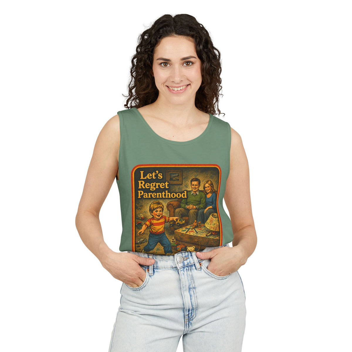 Let's Regret Parenthood Wife Beater in Light Green, view 3