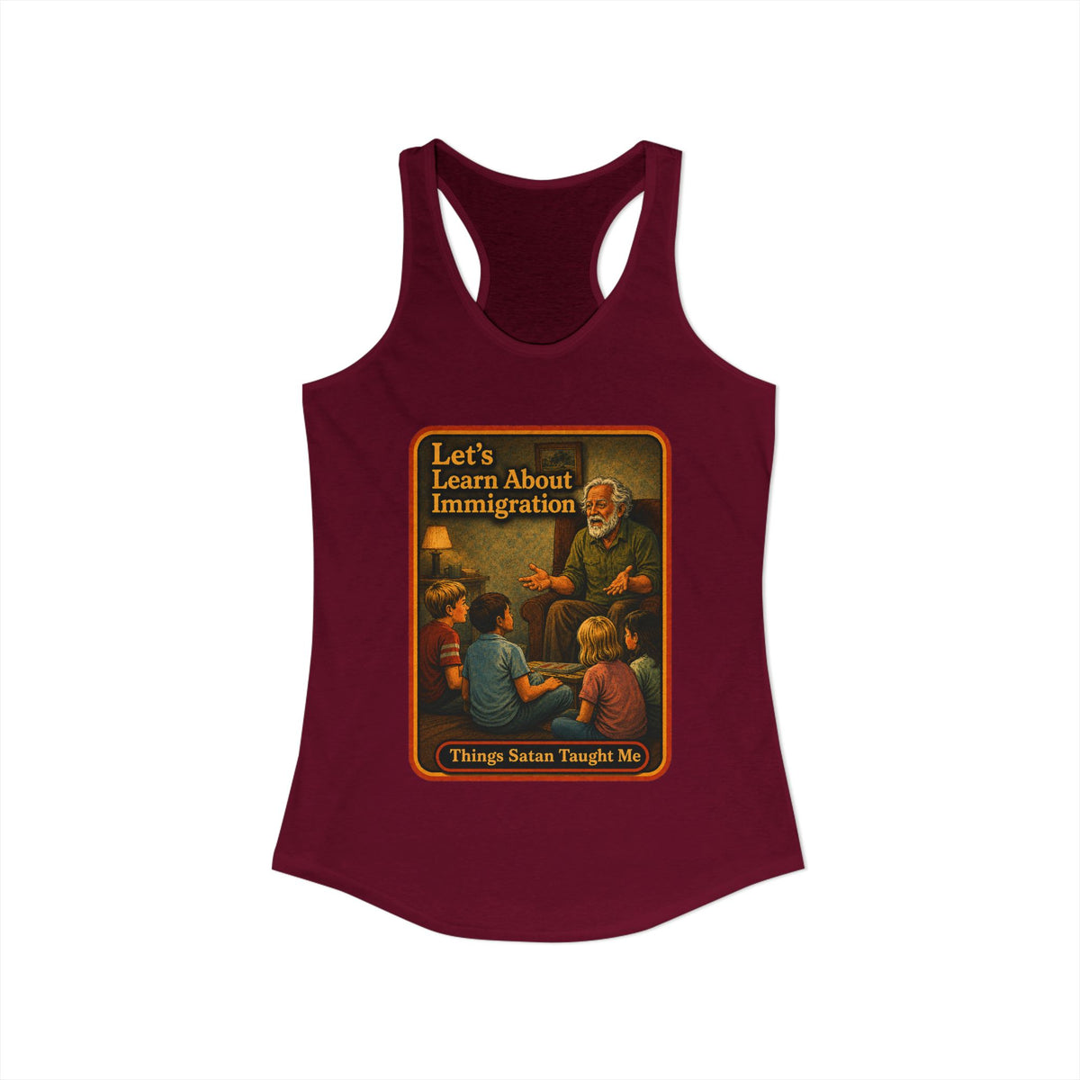 Let's Learn About Immigration Racerback Tank in Cardinal Red, view 2