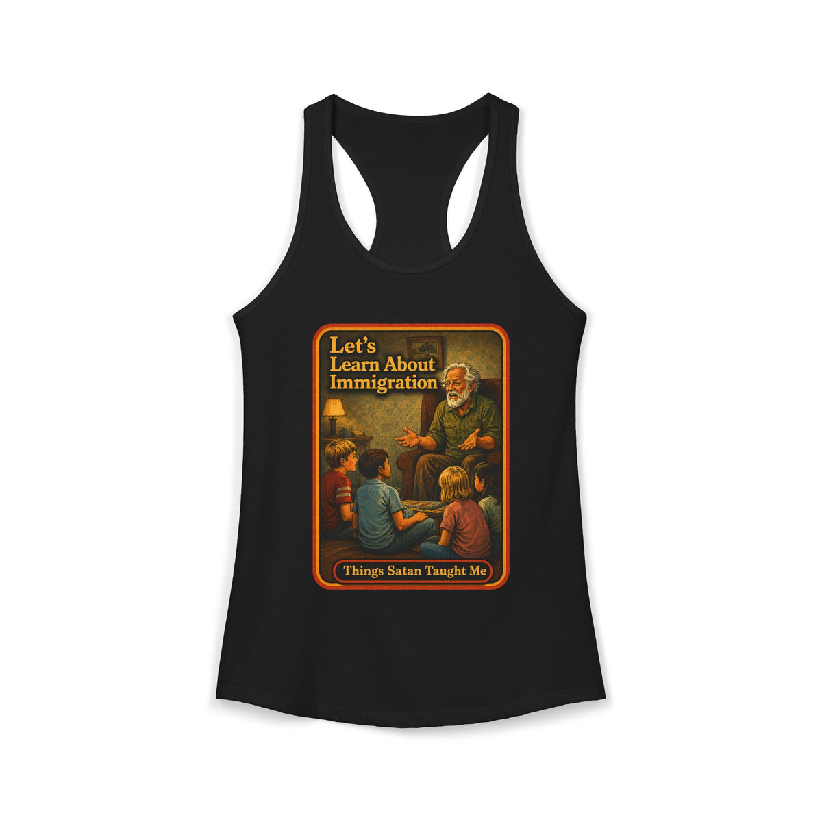 Let's Learn About Immigration Racerback Tank in Black, front