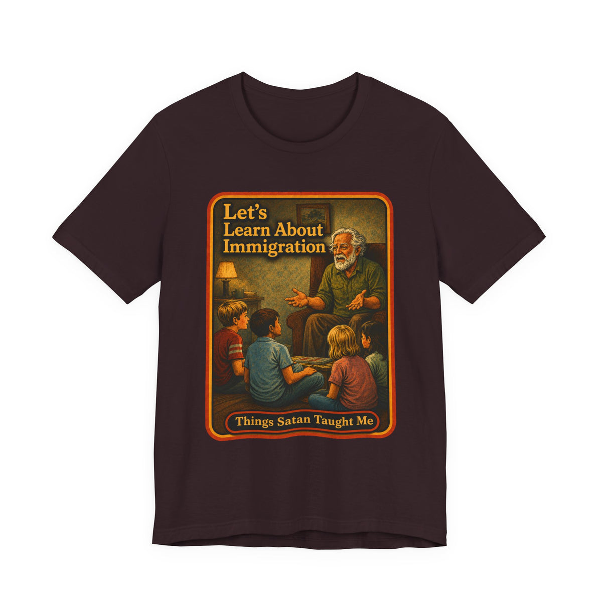 Let's Learn About Immigration Unisex Tee in Oxblood Black, front