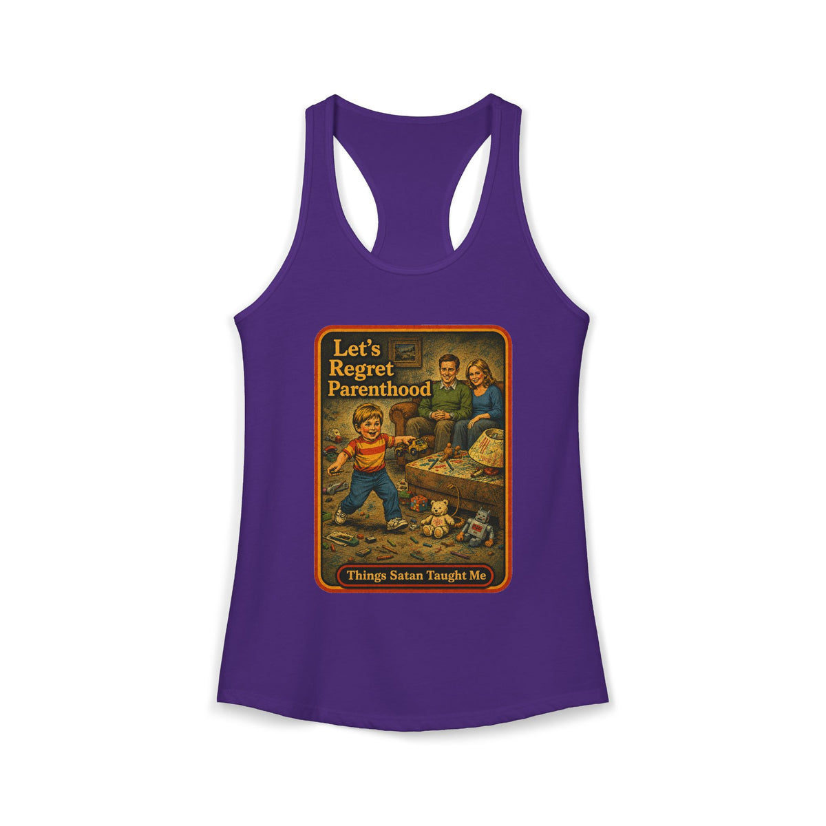 Let's Regret Parenthood Racerback Tank in Purple Rush, front