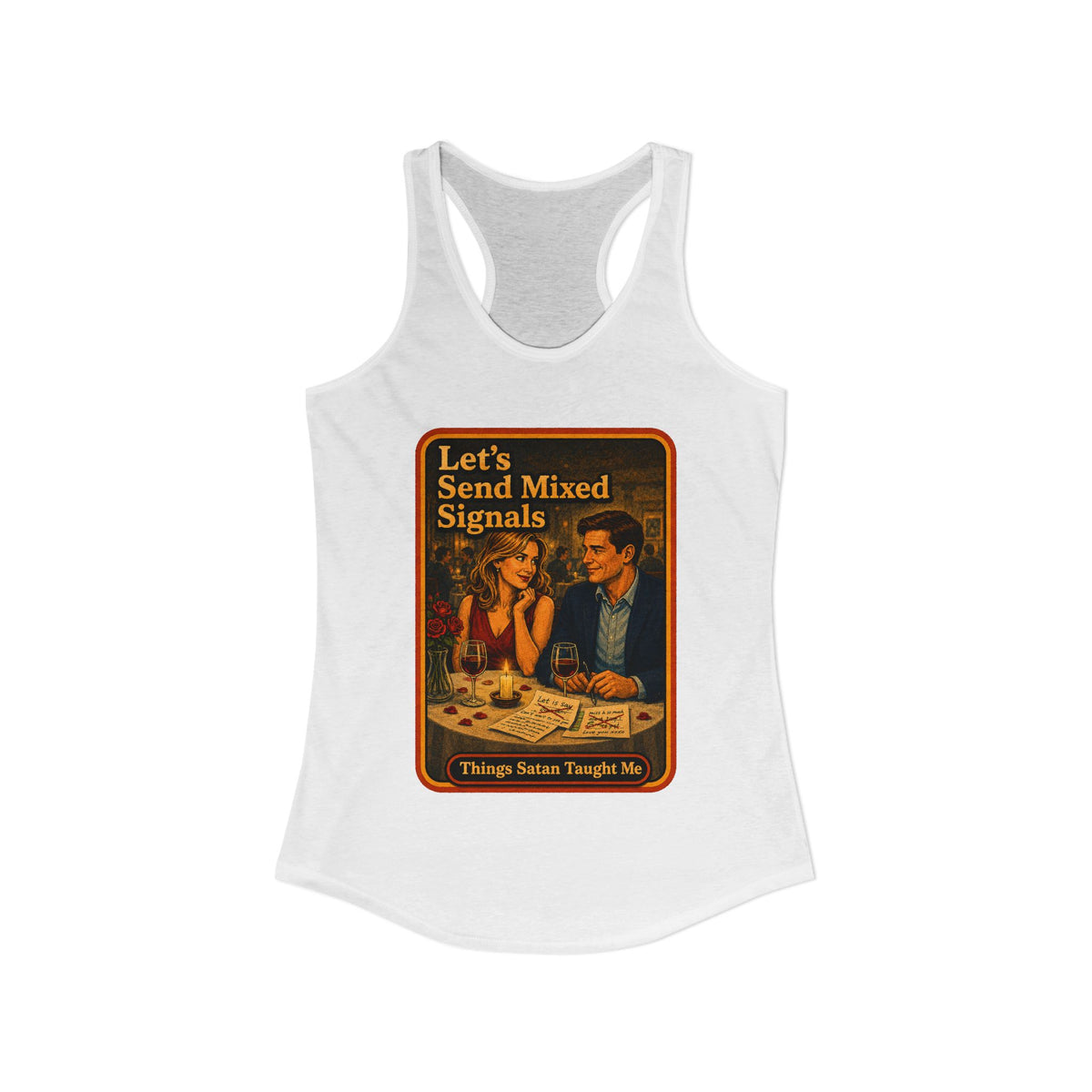 Let's Send Mixed Signals Racerback Tank in White, view 2