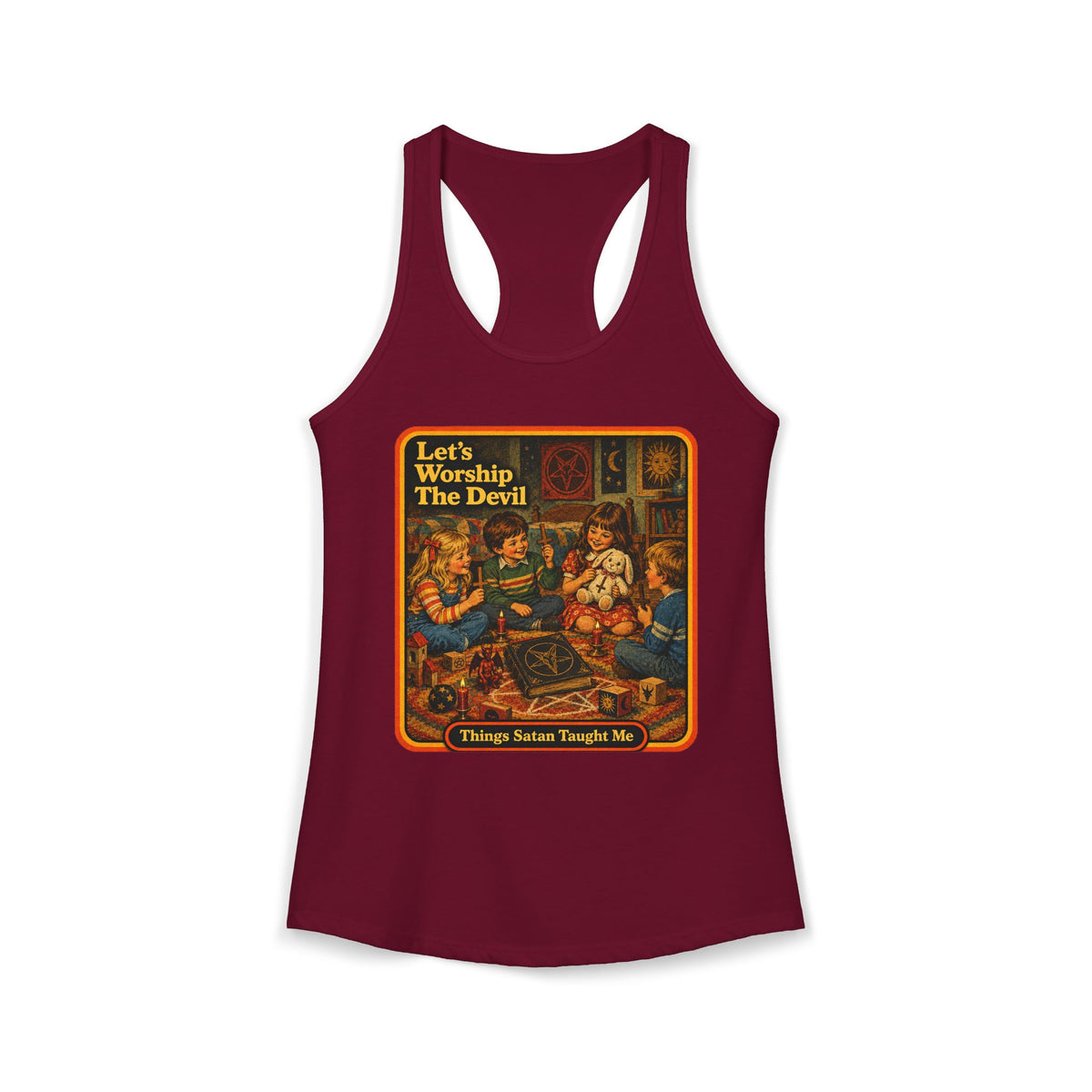 Let's Worship The Devil Women's Racerback Tank | Things Satan Taught Me in Cardinal Red, front
